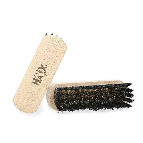HAIX Brosses en cuir velours: Nettoyage et entretien de vos chaussures en cuir velours avec la brosse en laiton HAIX. Unité unique, jaune, bois et laiton