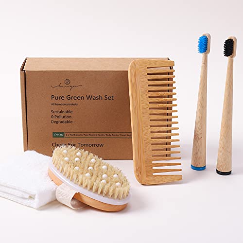 BAWYU | All is Made of Bamboo Sustainable Gifts | Toothbrush, Body Brush, Bamboo Fiber Towel, Comb, Storage bag | Guest Room Essentials Bathroom, Home Preparation Products | Shower Wash Kit （6 Pack）