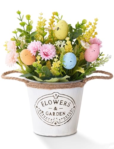 KIVIVO Easter Table Decorations, Centerpieces for Tables with Egg Artificial Flowers, Vintage Metal Pot, Spring Centerpiece for Dining Room, Farmhouse Easter Table Decor Indoor for Home Office