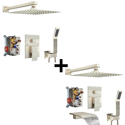 Fatspas Shower System 12 Inches Wall Mounted Shower Faucet Set & 12 Inches Shower Faucet Set With Tub Spout, Brushed Nickel #TOP3