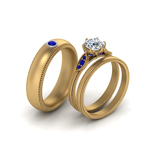 Image of Choose Your Gemstone Milgrain Matching Wedding Set for Couples Yellow Gold Plated Round Shape Wedding Ring Sets Matching Jewelry Wedding Jewelry Easy to Wear Gifts US Size 4 to 12