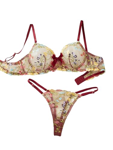 Image of Sexy Floral Embroidered Flower Mesh Underwire Push Up Lingerie Set