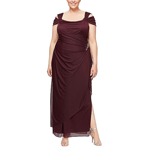 Image of Alex Evenings Women's Long Cold Shoulder Mother of the Bride Dress with Beaded Detail at Hip