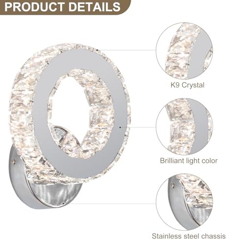 Image of Buccleuch LED Crystal Wall Sconce, Bright Adjustable Color Wall Sconce Light Fixture Stainless Steel White K9 Crystal Wall Lamp for Living Rooms Bedrooms Bathrooms Corridors Entrances Stairs