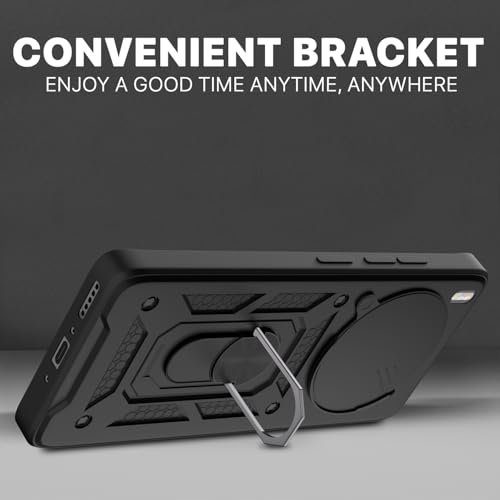 Image of Pikkme Back Cover for Vivo X300 Pro 5G | 360 Protection Case | Sliding Camera Shield Cover & Ring Holder Stand D10 Tough Armor Bumper Case (Black)