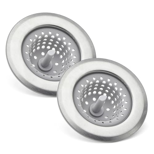 Amazon Basics Kitchen Sink Strainer and Sink Plug Filter Stainless Steel and Silicone Anti-Clog Dishwasher Safe Rust Resistant Grey 2-Pack