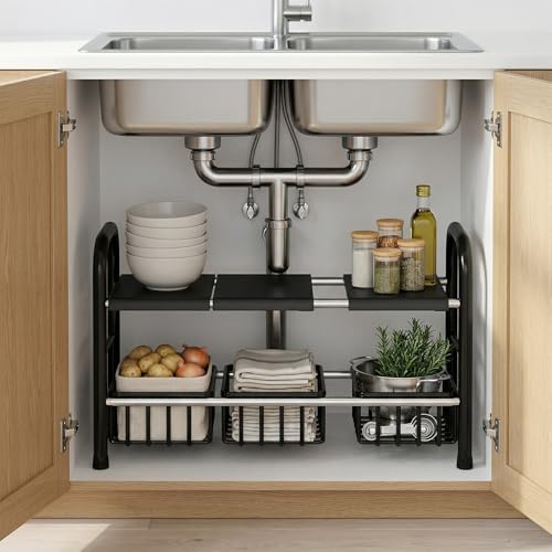 Under Sink Organizers and Storage, 2 Tier 20.9″-34.6″ Expandable Length with 3 Removable Baskets and 3 Removable Panels Expandable Shelf for Cupboard,Kitchen,Bathroom, Black