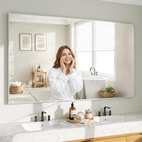 Image of Koonmi Silver Rectangle Wall Mirror, 36x60 Inch Bathroom Mirror, Aluminum Frame Vanity Mirror for Entryway, Living Room, Bedroom Bathroom, Hangs Horizontally or Vertically