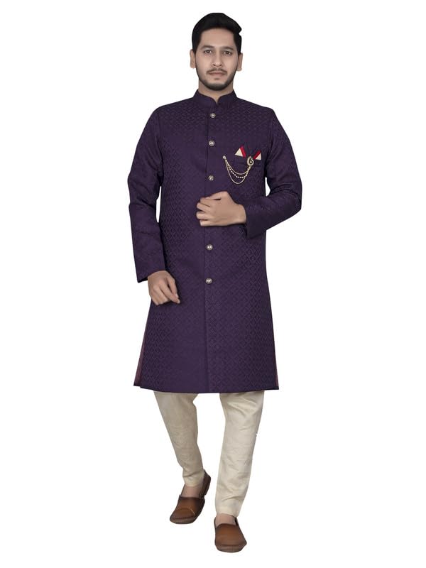 Ethzy Men's Purple Jacquard Casual Regular Full Sleeve Indo Western with Dhoti Set - Traditional and Trendy-image-23
