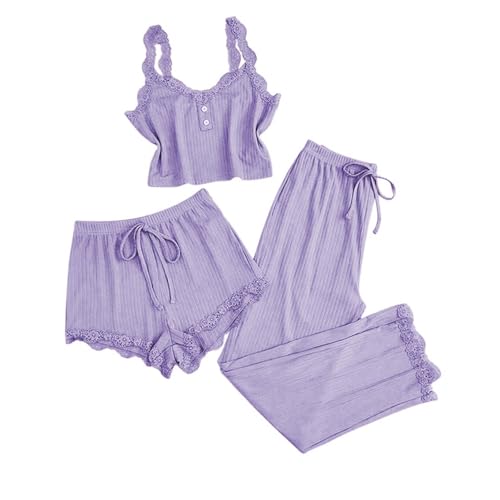 Pijama para mujer, juego de 3 unidades, pijama de encaje, pijama, cuello en V, camiseta sin mangas, pantalones cortos de 3 piezas, ropa de maternidad, Violeta Claro, L