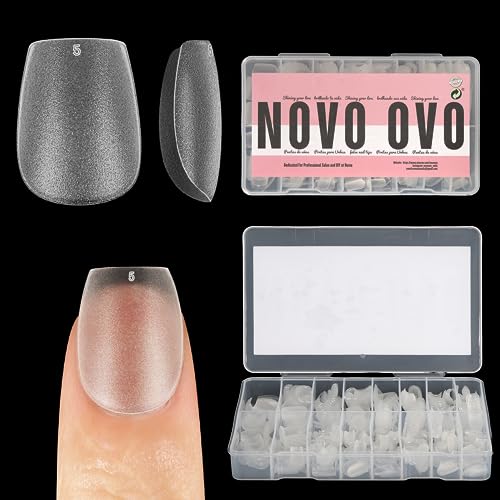 NOVO OVO 600 pcs Extra Short Coffin Nail Tips Full Cover Soft Gel Acrylic Gel Nail Tips for Nail Extension 15 Sizes Pre-shaped Double-sided Matte Fake False Nail Tips Box Packaing