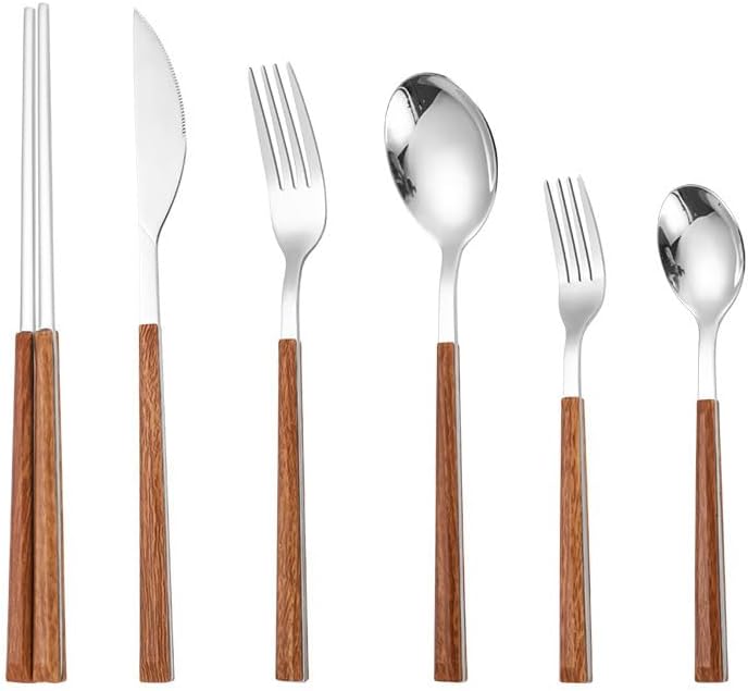 Silverware Flatware Cutlery Set, 6/24/36/48 Pieces Imitation Wooden Handle Stainless Steel Knife, Fork And Spoon Creative Student Steak Knife And Fork Dessert Fork And Spoon Tableware Set (
