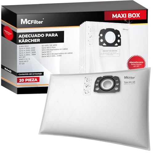 McFilter | 20 Bolsas de aspirador compatibles con Kärcher WD2 WD3 KWD1 KWD2 KWD3 WD3.200 - WD3.800 WD 3 V-17/4/20 M/SE4001/SE4002, se adapta a KFI 357 2.863-314.0