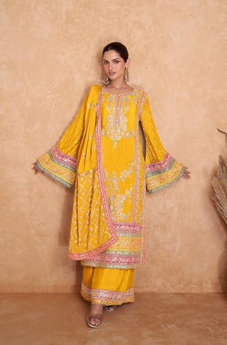 Image of Miss Ethnik Women's Yellow Color Chinon Embroidered Kurta Palazzo Set With Embroidered Dupatta (ME-1140-Yellow)