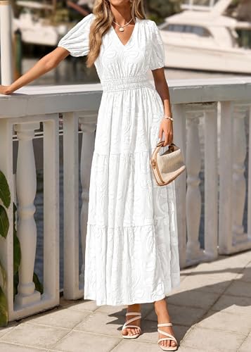 Image of KIRUNDO Summer Dresses for Women 2026 Boho Flowy Casual Short Sleeve V Neck Elastic Waist Floral Long Baby Shower Maxi Dress
