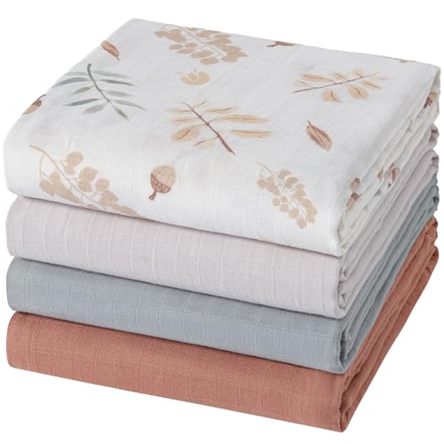 Image of POMISO Muslin Swaddle Blankets for Boys & Girls, Newborn Receiving Blankets, 4 Pack Soft Breathable Baby Swaddles, Large 47x47 Inches, Acorn & Earthy Colors