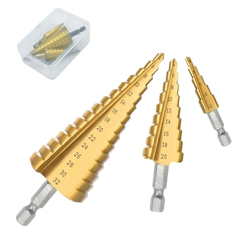 3PCS HSS Step Bits, High Speed Steel Step Drill Bits Set (4-12mm, 4-20mm and 4-32 mm) Cone Drill Bits Hole Cutter for Wood, Stainless Steel, Sheet Metal