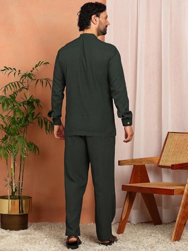 Image of See Designs Men's Full Sleeve Mandarin Collar Linen Solid Pathani Set