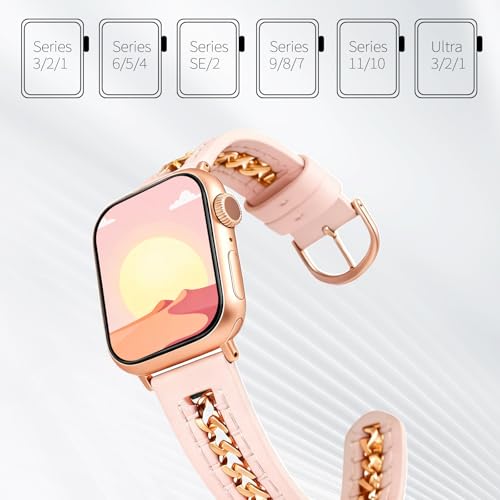 Image of HANDODO Italian Genuine Leather Band with gold chain details, Compatible with Apple Watch Series 11 10 9 8 7 6 5 4 3 2 1 SE SE2 Ultra 2 /3, SGS Certified Fashion Dressy Strap for women men