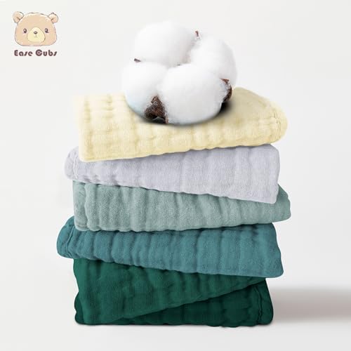 Image of Ease Cubs 12 Pack Muslin Washcloths for Baby - 100% Cotton Baby Wash Cloths for or Baby Face Body Comfy and Soft for Newborn Infants Kids Girls and Boys - 12 inchx12 inch - Ivory, Slate and Emerald Series