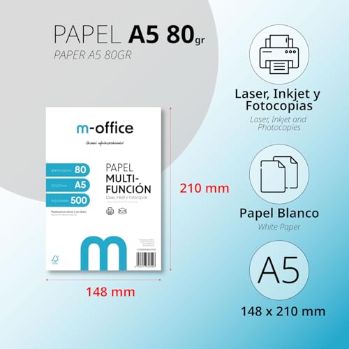A5-Papier, 80 g, Packung mit 100 Blatt, Multifunktionspapier für Inkjet- und Laserdrucker, A5-Blätter, 148 x 210 mm, ideal für Büro und Zuhause · m-office (100 Blatt)