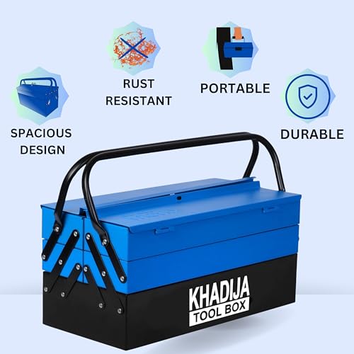 Image of KHADIJA Metal Five Compartment Double Handle Big Storage Professional Tool Box (BLACK BLUE)