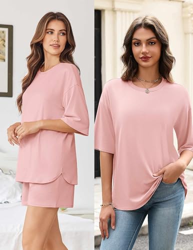 Image of Ekouaer Women's Two Piece Lounge Set Oversized Boxy T-shirt Casual Short Sets Summer Travel Matching Set 2026 Fashion