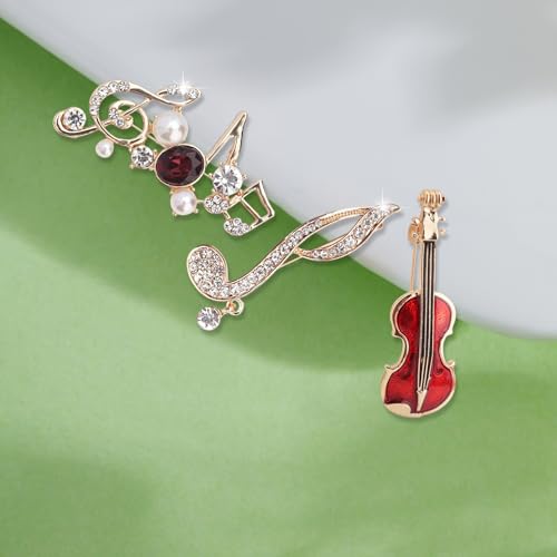 Image of Gold Crystal Guitar Musical Notes Brooches for Womne Reded Enamel Rhinestone Pearl Brooch Pins Fashion Jewelry Brooch pin Accessories for Women Men Gift (Musical instrument note)
