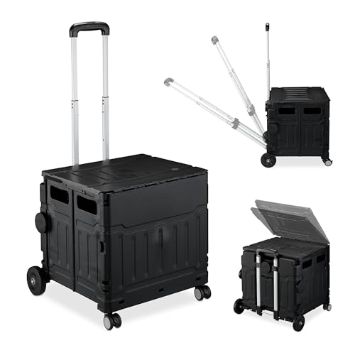 Relaxdays Chariot de Courses Pliable, Caisse à roulettes, avec Couvercle, poignée inclinable, 50...
