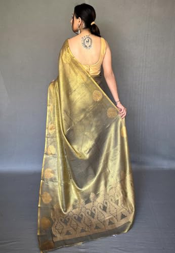 Image of SWORNOF Gold-Toned Woven Design Silk Zari Tissue Saree | Saree for Women | Soft and Skin Friendly