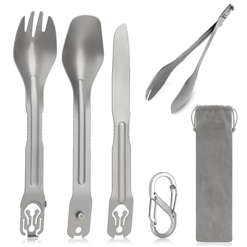 5-in-1-Camping-Utensils-Detachable-Cutlery-Portable-Silverware-Stainless-Steel-Flatware-Multitool-Set-Tongs-Spork-Spoon-Knife-for-Backpacking-Hiking-Picnics-with-Carrying-Bag-Carabiner
