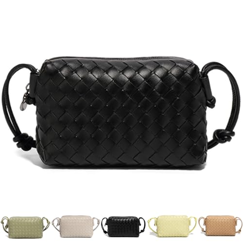 QAORD Woven Crossbody Bags For Women, Small Handmade Purse Clutch Shoulderbag Handbag Vegan Leather Zipper Closure Bags, Black, 108 cubic inches, Woven