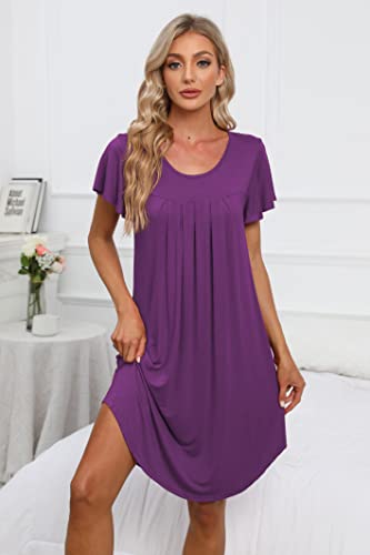 Bestshow Plus Size 4Xl Pleated Nightgown Soft Nightshirt Pajama Dress Short Sleepshirt Loungewear Sleepwear Light Purple #TOP1