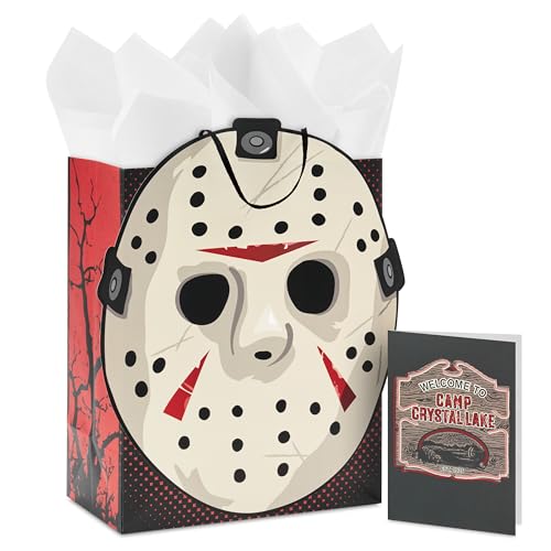Hallmark Halloween Friday the 13th Gift Bag with Tissue Paper and Greeting Card (Jason Mask, Welcome to Camp Crystal Lake)