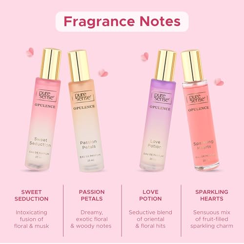PureSense Opulence Perfume Gift Set (Hearts + Sweet + Passion + Love) | Birthday Gifts | Long Lasting Luxury Perfume Travel Combo Pack 25x4ml | for Women, Wife, Girlfriend, Sister - Image 6
