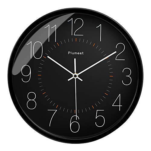 Plumeet Silent Wall Clock - 12 Inches Non-Ticking Quartz Black Clocks for Living Room - Battery Operated - Decorative Home Kitchen Office School