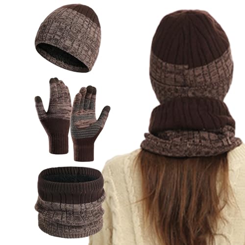 Samuliy Juego de bufanda para mujer, calentador de cuello, gorro de invierno, gorro y bufanda, guantes para pantalla táctil, polaina para el cuello para hombres y mujeres, clima frío, caqui, Refer to