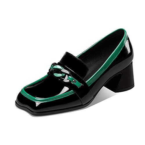Image of TinaCus Women's Patent Leather Square Toe Chic Loafers | 2 Inch Chunky Heel, Handmade, Assorted Color, Chain