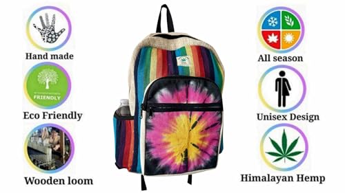 Tie Die rainbow color Hemp fabric back pack. Strongest multi pocket day pack for Laptop, Book bag, College, Travelling and Daily use. Hand made unisex design.2