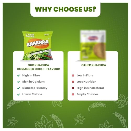 Image of RUSTIK PAUSHTIK Baked Khakhra Combo Pack - 200g x 4 Packets | 2 Tomato Chilli & 2 Coriander Flavour | Roasted Gujarati Snack | High Fiber Diet Snack | No Palm Oil | Ready to Eat Tea Time Snack | 800g