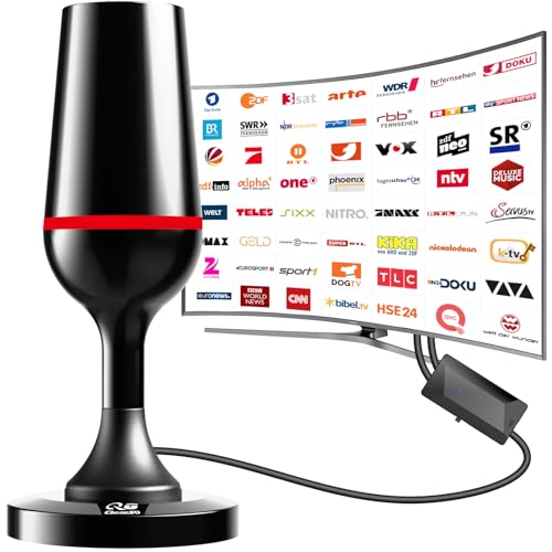 Antenne DVBT/DVBT2 - Antenne HDTV d'intérieur pour téléviseur - Qualité du signal grâce au noyau en aluminium - Grande portée de 420 km et réception à 360° - Avec pied magnétique - Prend en charge 4K