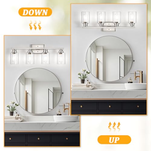 Image of Unicozin 4-Light Bathroom Light Fixtures, Modern Vanity Lights with Clear Glass Shades, Brushed Nickel Bathroom Wall Lamp for Mirror Living Room Cabinet Bedroom