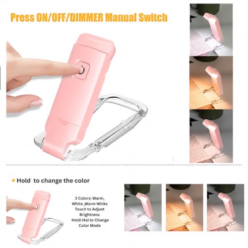 Image of One94Store Book Lamp for Students, USB Rechargeable LED Study Light, 3 Brightness & Color Modes, Clip-On, Portable & Eye-Friendly (Pink)
