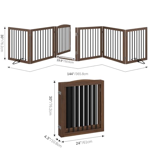 Folding-Pet-Gate-144-Wide-30-Tall-No-Assembly-Wooden-Dog-Gate-with-Door-Walk-Through-Freestanding-Pet-Gate-Puppy-Safety-Fence-with-2PCS-Support-Brown