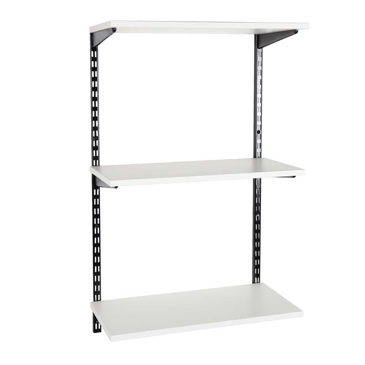 Shopfitting Warehouse Black/White Adjustable Wooden Wall Shelving Kit - 2 x 1000 mm Uprights, 3 x Shelves, 6 x Brackets W600 x D300 mm