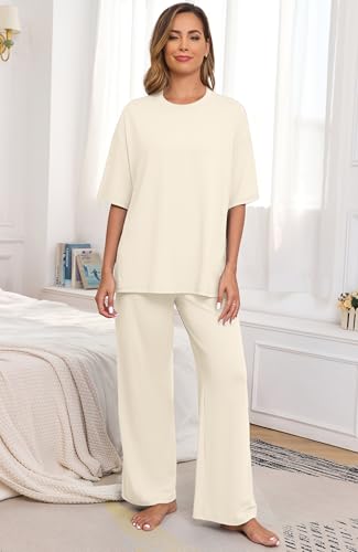Image of PrinStory Womens Pajamas Sets 2 Piece Lounge Set Short Sleeve Tops and Long Pants Soft Pjs Loungewear with Pockets