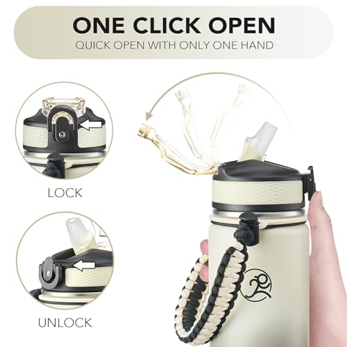 Image of GOSWAG 24oz Insulated Stainless Steel Travel Water Bottle, 2 Lids | with straw and no straw, Paracord handle, Double-wall vacuum keeps drinks cold or hot, Leakproof tumbler