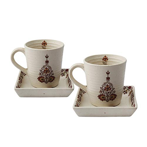 Image of Miah Decor Stoneware Coffee Mugs Set of 2 with 2 Matching Platters | Ceramic Coffee Mug Set | Tea Cups & Mugs | Food Safe, Microwave & Dishwasher Safe | Traditional Ethnic Printed Coffee Mug Gift Set