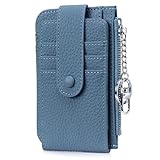 LnxLtw Women’s Genuine Leather Card Holder – Slim Bifold Small Wallet with ID Window, 6 Card Slots, Zipper Coin Pocket & Keychain Clip, Pebbled Leather Card Case for Everyday Carry (Navy Blue)