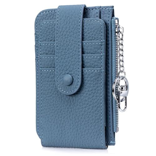 LnxLtw Women’s Genuine Leather Card Holder – Slim Bifold Small Wallet with ID Window, 6 Card Slots, Zipper Coin Pocket & Keychain Clip, Pebbled Leather Card Case for Everyday Carry (Navy Blue)